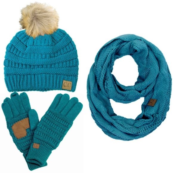 C.C 3pc Knit Warm Pom Beanie Gloves Scarves Set